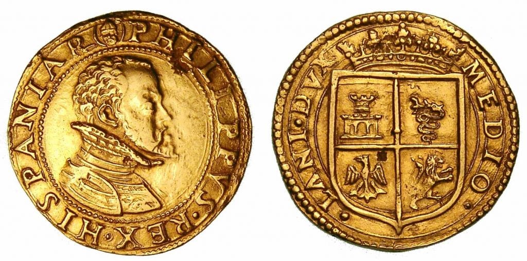 MILANO. Filippo II, 1554-1598. Scudi d’oro. Stemma coronato e inquartato con il biscione di Milano, Castiglia e León.
