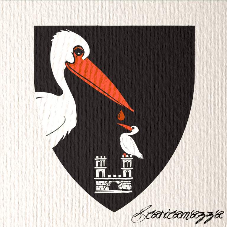 An important place for my family, "Castel Petto", needed a coat of arms so ... ☺️ Castel Petto means "breast castle". The place, like the whole territory, was deeply Christian. In heraldry the pelican is represented for its religious value: as Christ was thought to sacrifice. The symbol goes by the name of the ‘vulning pelican’ or the ‘pelican-in-her-piety’ and hearkens back to medieval days ( bestiary myths). It was once believed that Pelicans were particularly devoted to their young, and that a pelican would wound its own BREAST (‘vulning’) to feed its young its blood.