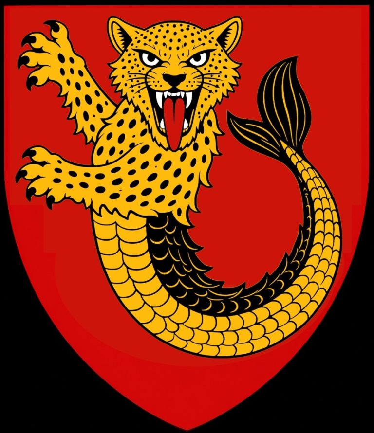 Gules, a sea-leopard rampant guardant proper, scaled sable, armed sable. Coat of arms showing a natural golden sea-leopard with the forequarters of a spotted leopard and the scaled tail of a fish on a red shield.